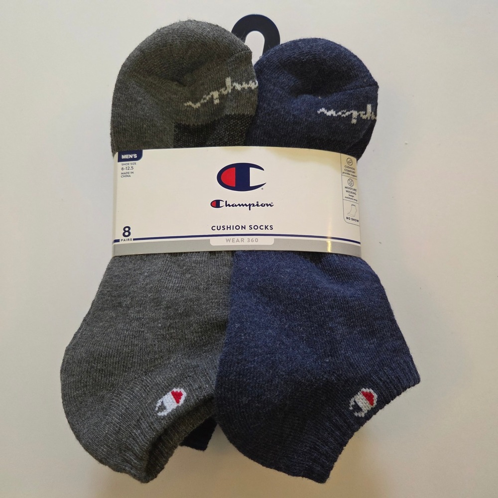 Champion Mens 8 Pair Wear 360 No Show Cushion Socks Navy Gray Size 6-12.5